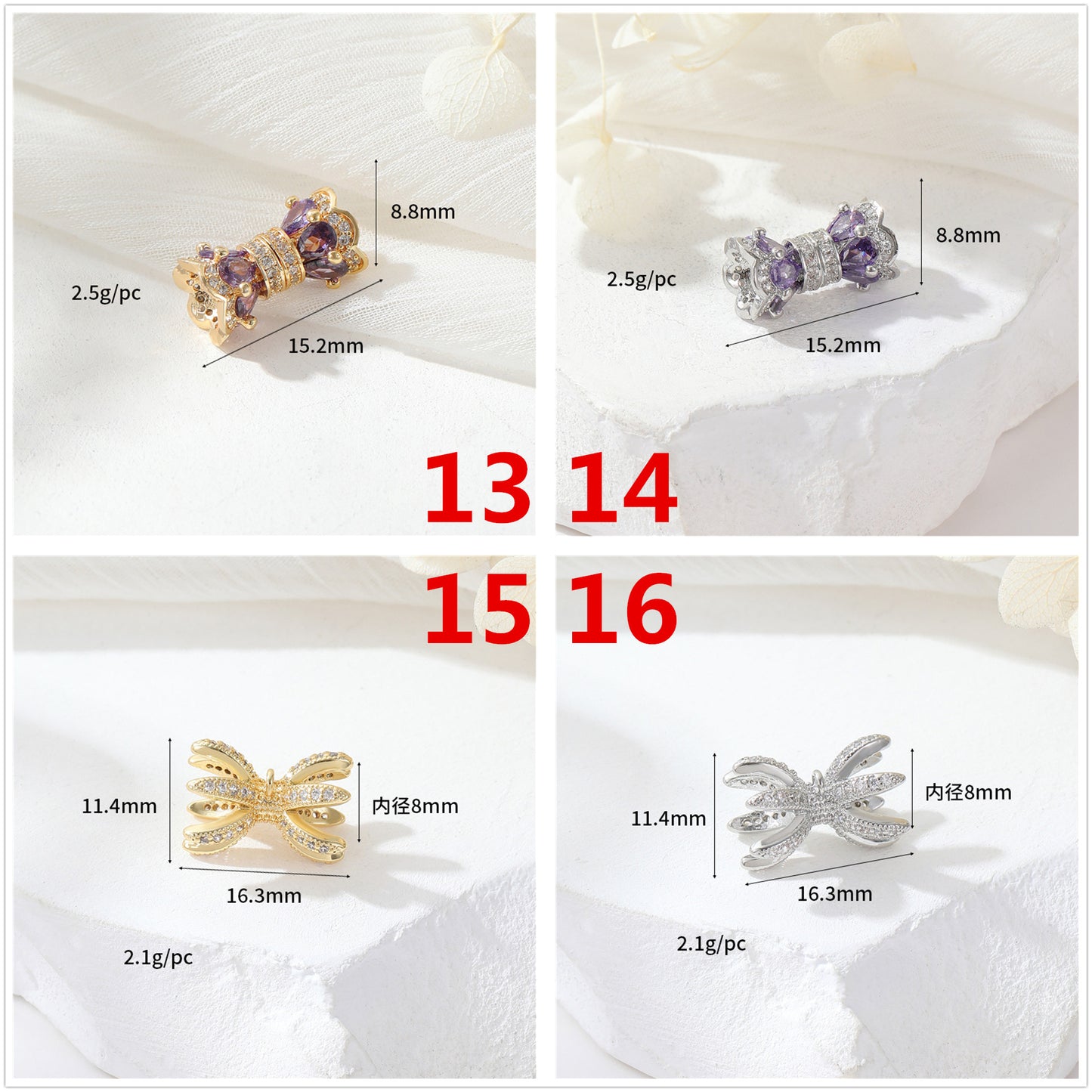 2 fermoirs à vis floraux ornés de strass 14K GF