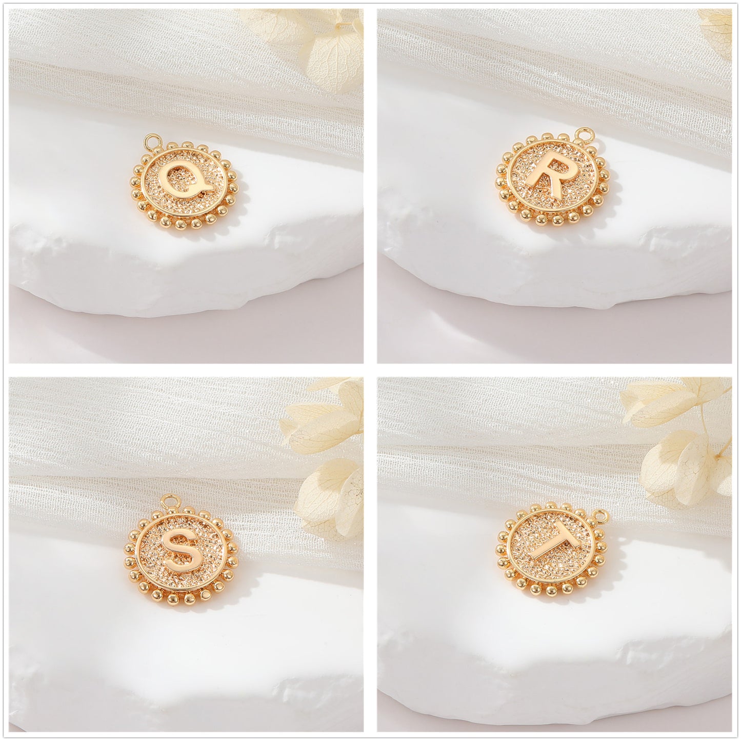 2 perles rondes à bord de pièce de monnaie initiale Alphabet AZ Charm Pendentif 14K GF