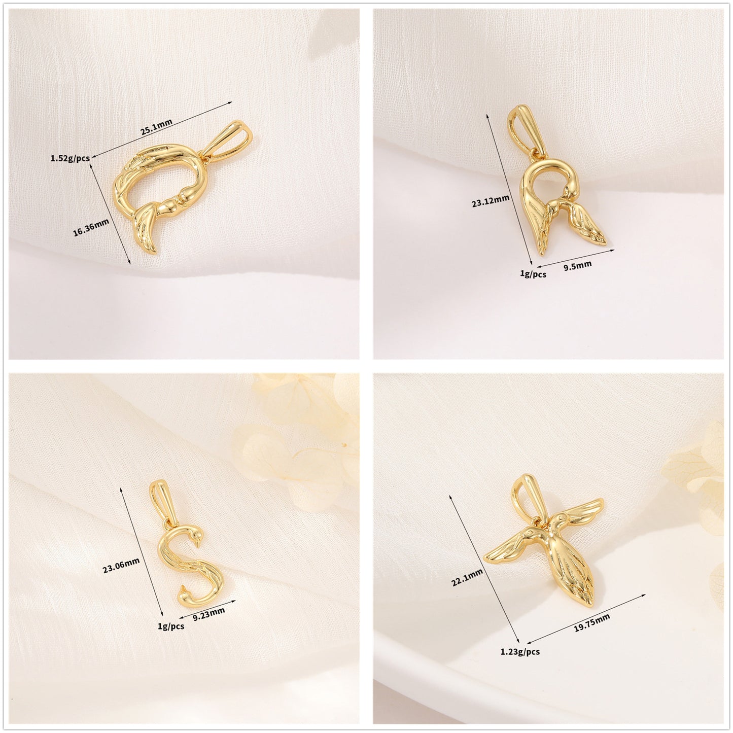 Pendentif à breloque AZ avec 2 ailes de cygne et initiales de l'alphabet 14K GF