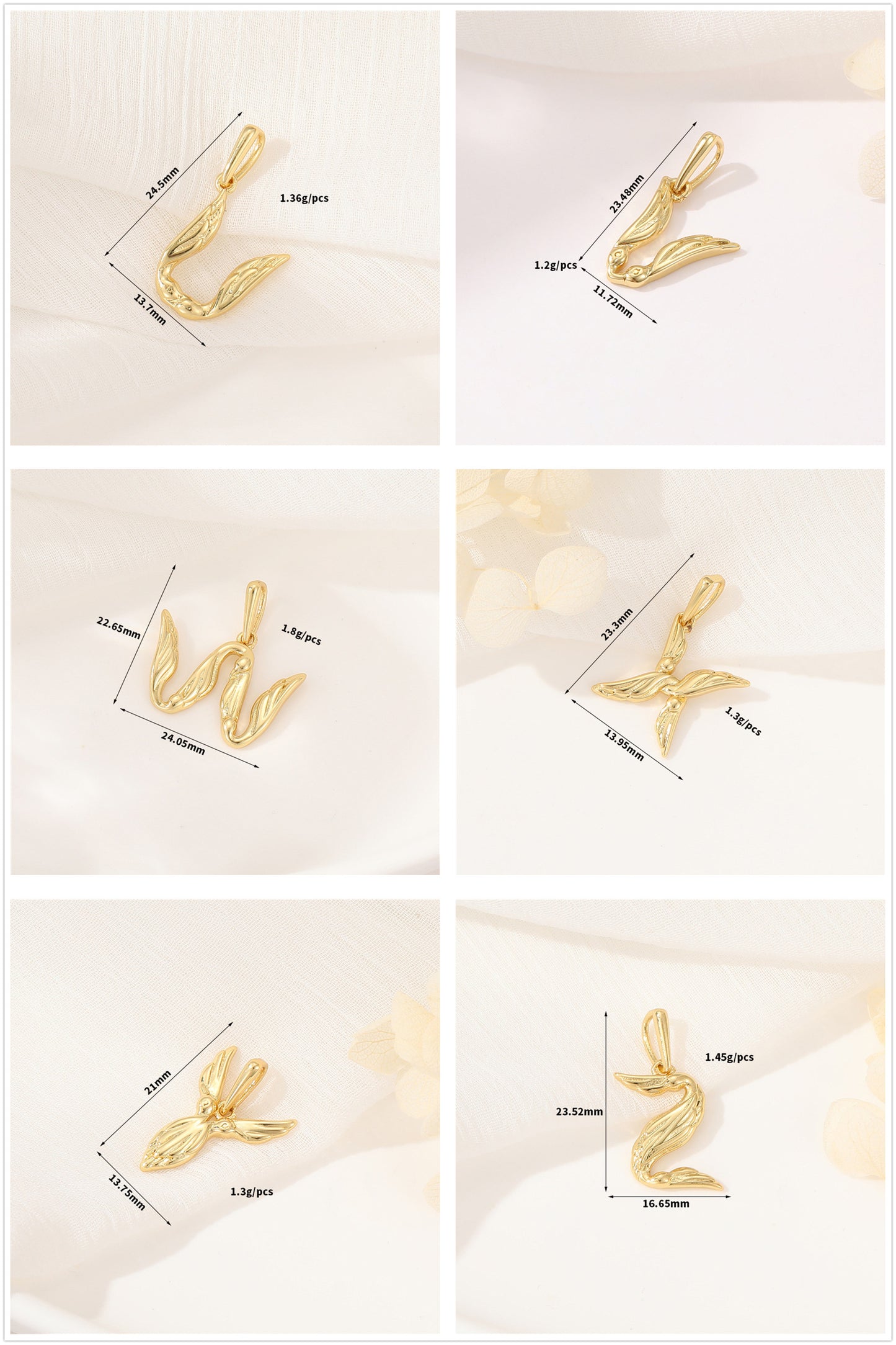 Pendentif à breloque AZ avec 2 ailes de cygne et initiales de l'alphabet 14K GF