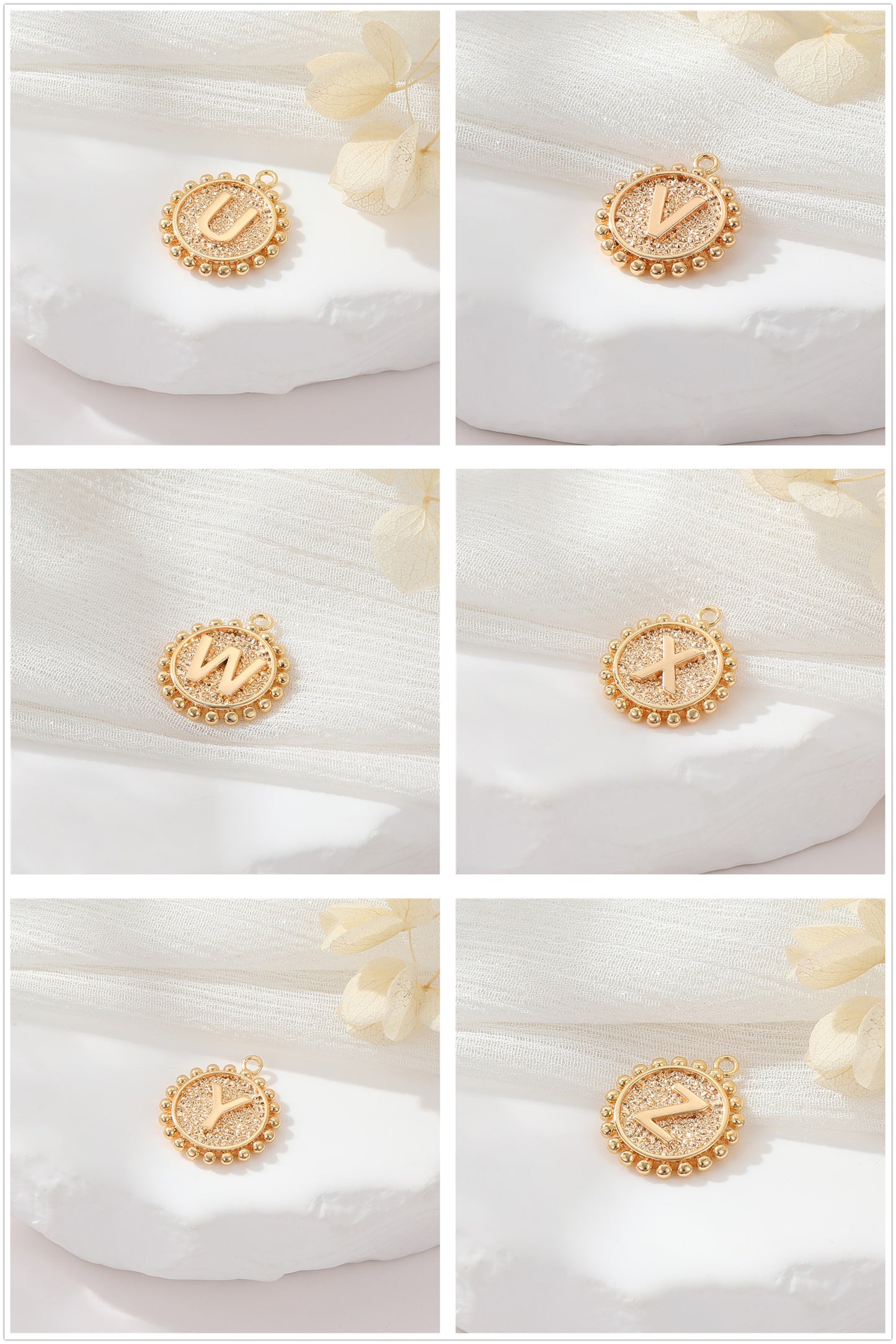 2 perles rondes à bord de pièce de monnaie initiale Alphabet AZ Charm Pendentif 14K GF