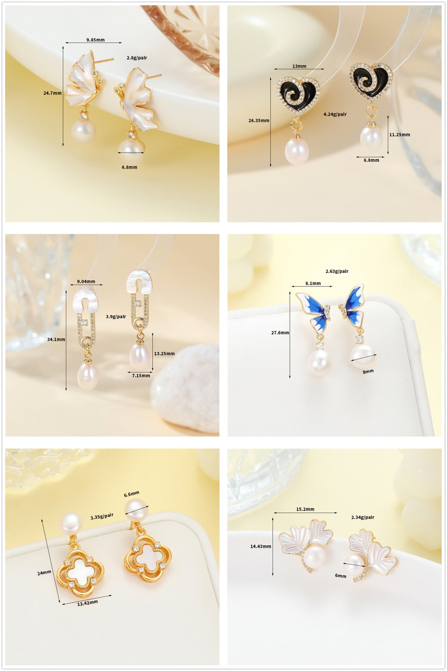 4 boucles d'oreilles papillon coeur broche fleur croix feuille boucles d'oreilles 14K GF coquille strass embelli boucle d'oreille moitié percée perle perle vierge