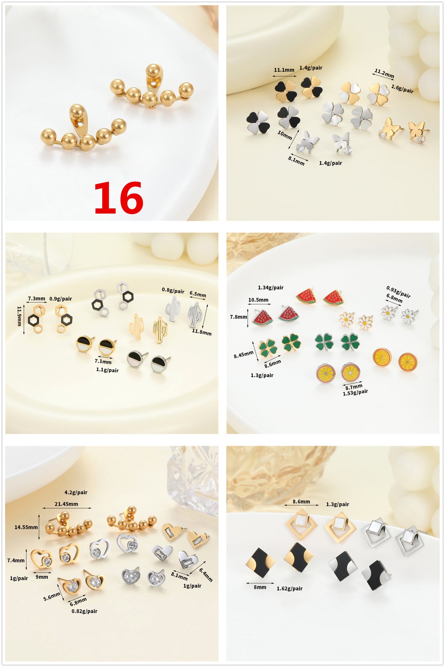 4 Émail Époxy Trèfle à quatre feuilles Orange Pastèque Floral Papillon Carré Coeur Cactus Boucles d’oreilles à tige 14K GF Strass Embelli Boucle d’oreille