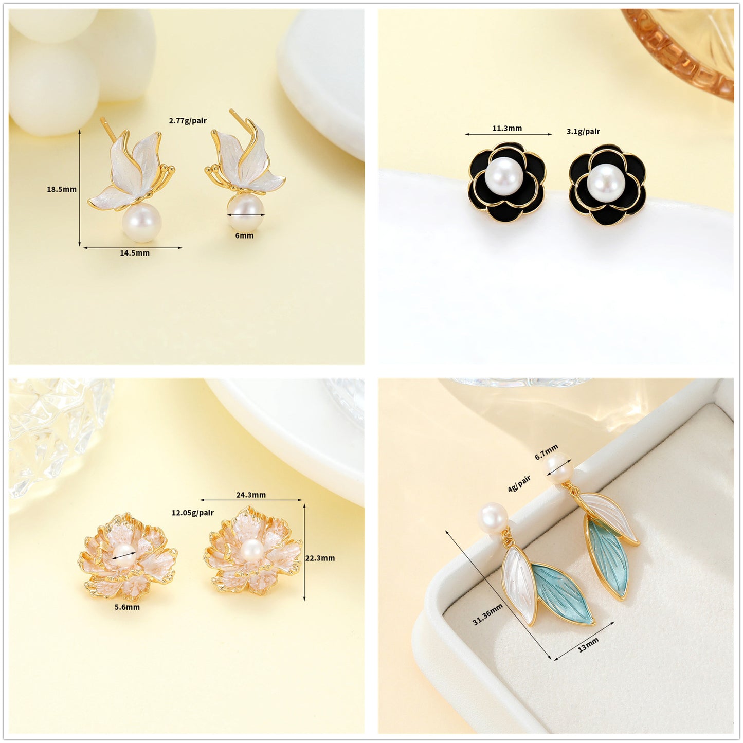 4 boucles d'oreilles papillon coeur broche fleur croix feuille boucles d'oreilles 14K GF coquille strass embelli boucle d'oreille moitié percée perle perle vierge
