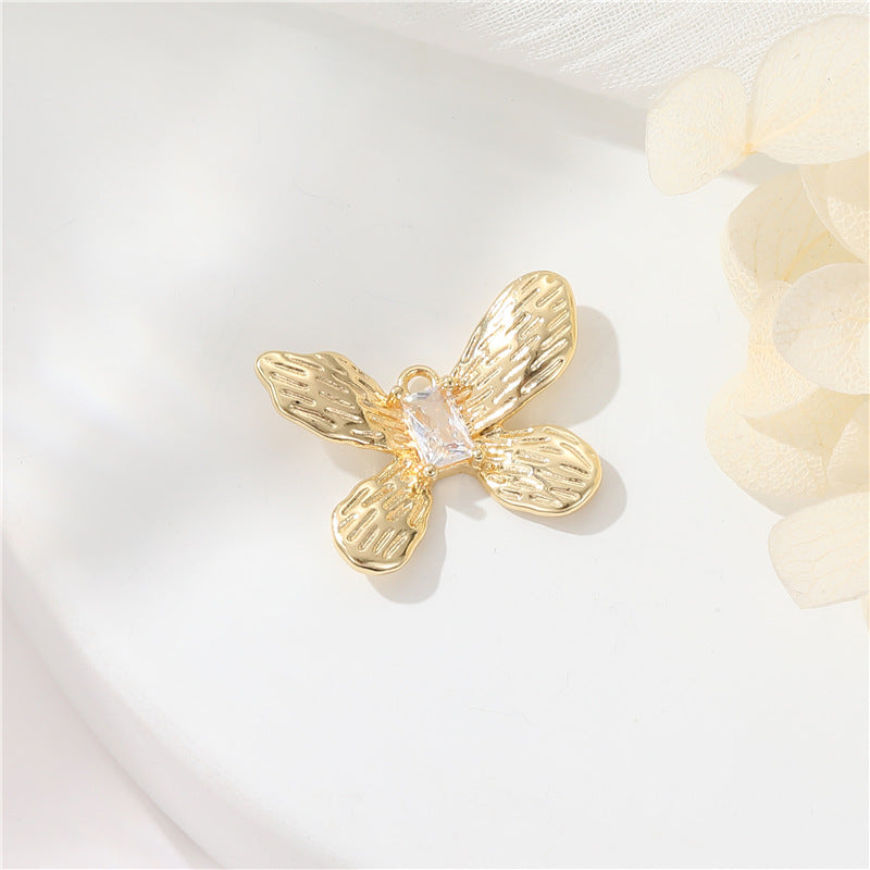 2 Butterfly Charm Pendant Rhinestone Embellished 14K GF