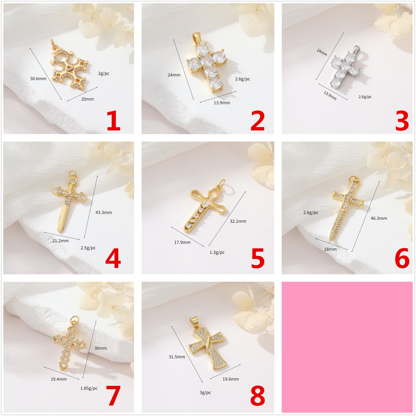 2 Cross Charm Pendant Rhinestone Embellished 14K GF