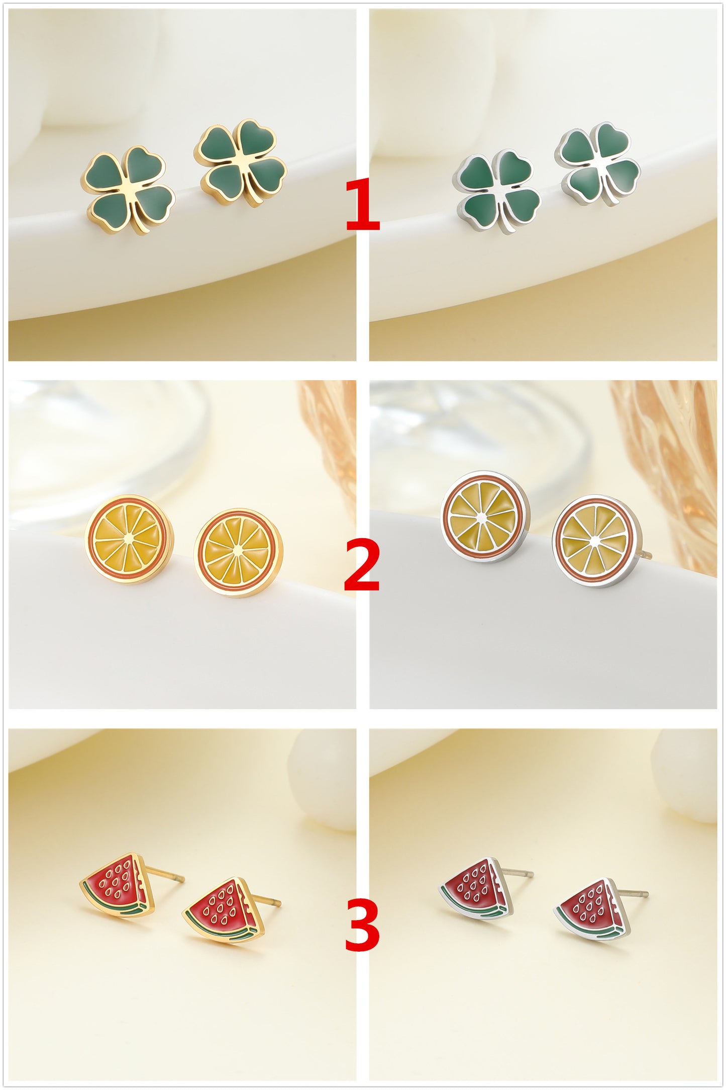 4 Émail Époxy Trèfle à quatre feuilles Orange Pastèque Floral Papillon Carré Coeur Cactus Boucles d’oreilles à tige 14K GF Strass Embelli Boucle d’oreille