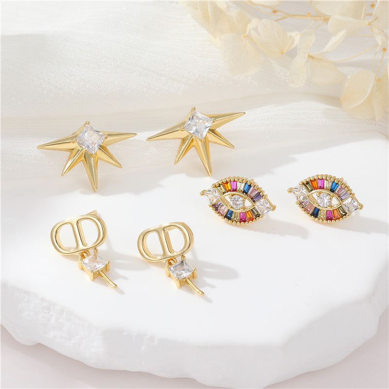 4 Star Eye Stud Earrings Rhinestone Embellished 14K GF Earing