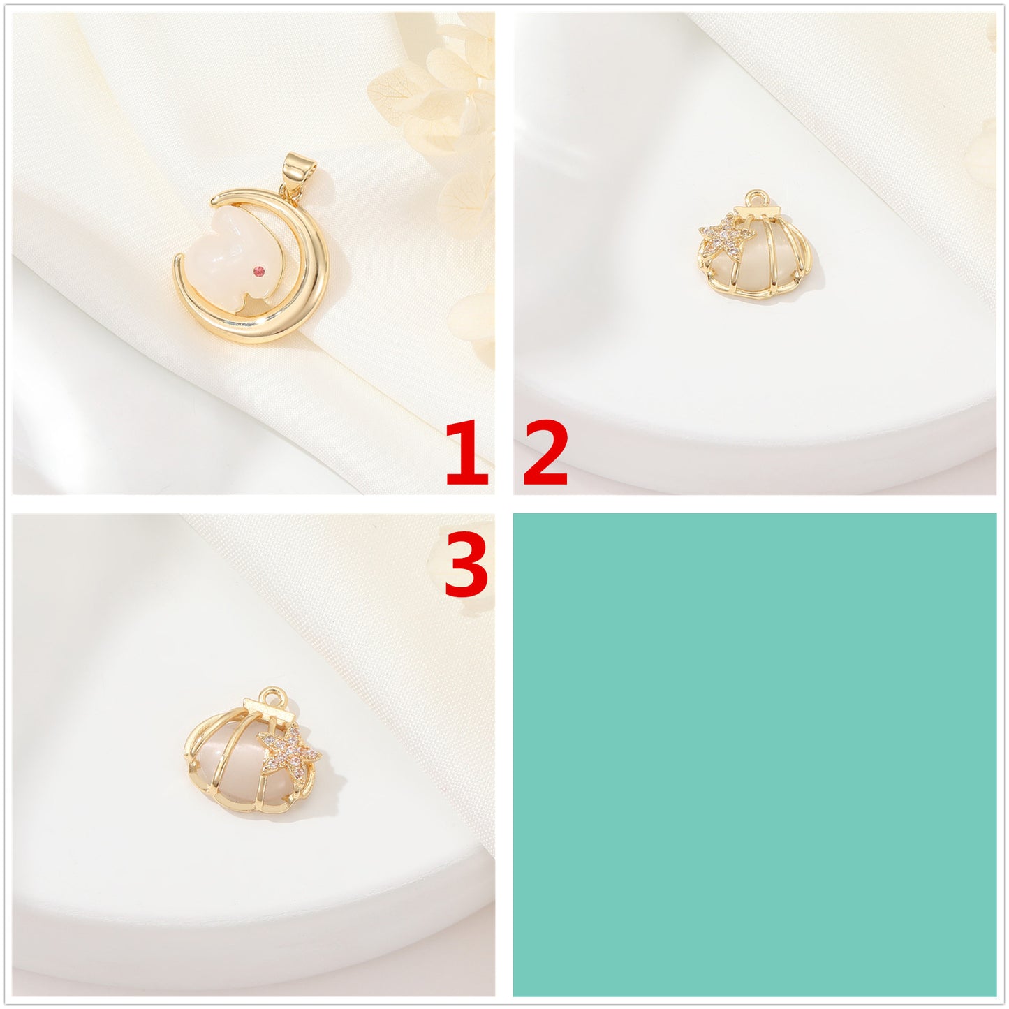 2 Lune Lapin Coquille Étoile de Mer Charme Pendentif Résine Strass Embelli 14K GF