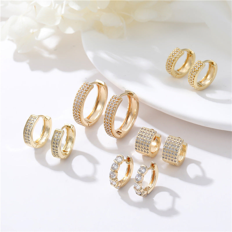 4 Chunky Round Hoop Earrings Rhinestone Embellished 14K GF Earing