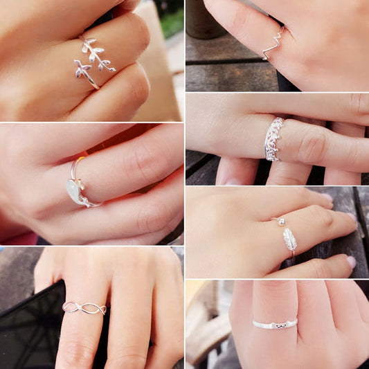 Bague en argent Sterling avec cercle ouvert, plume, vague, feuille, couronne, chat, baleine, infini, S925