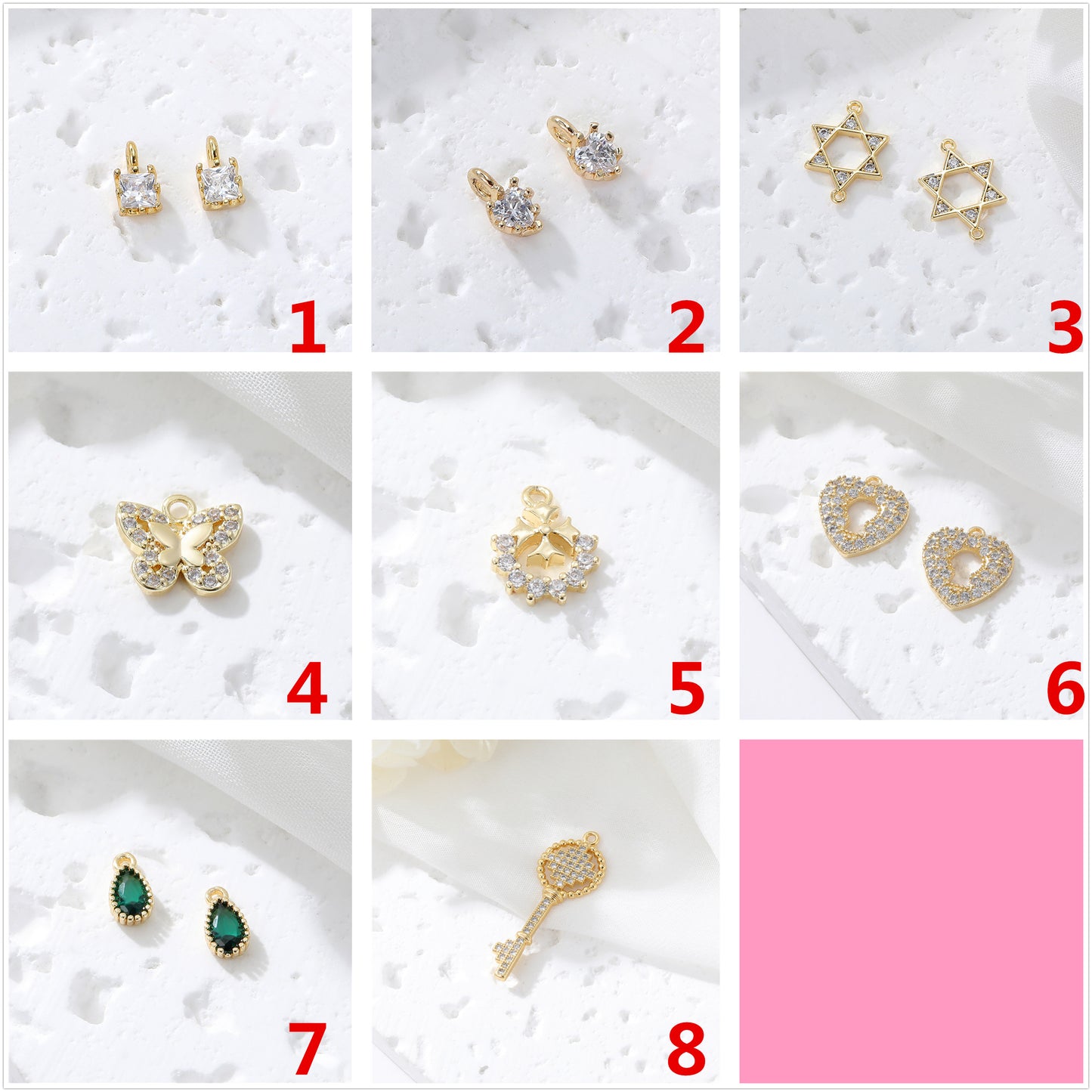 2 coeur carré Davidstar papillon goutte d'eau clé pendentif à breloque strass embelli 14K GF
