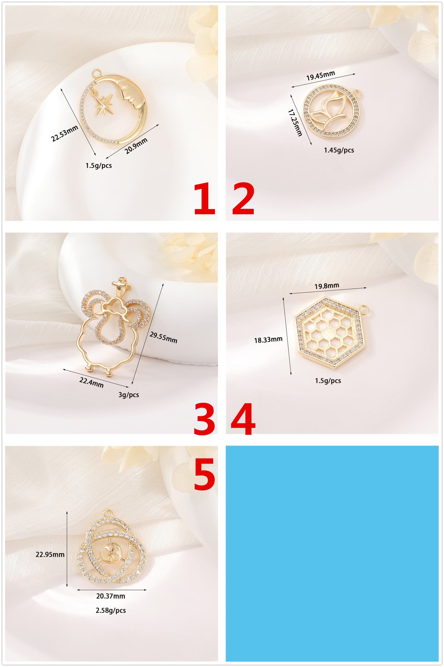 Charm-Anhänger mit 2 Sternen, Mond, Schmetterling, Wolke, Wabe, keltischer Knoten, Strassverzierung, 14 Karat GF