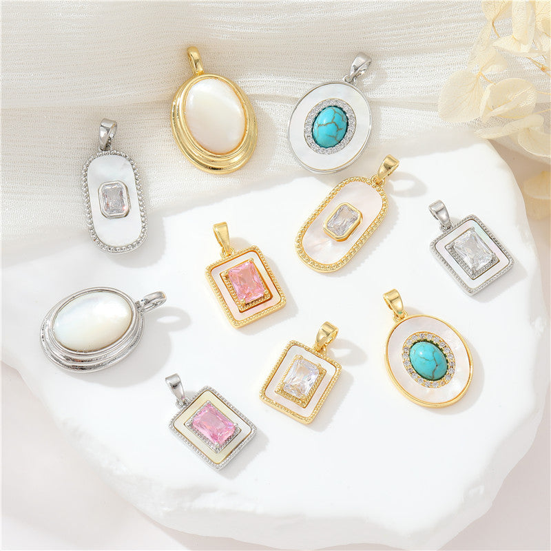 2 Square Oval Rectangle Oblong Charm Pendant Turquoise Shell Rhinestone Embellished 14K GF