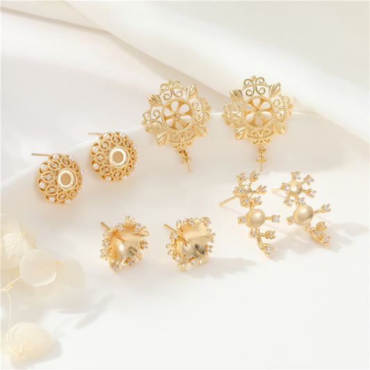 4 boucles d'oreilles florales à tige ornées de strass 14K GF boucle d'oreille aucune/à moitié percée perle vierge