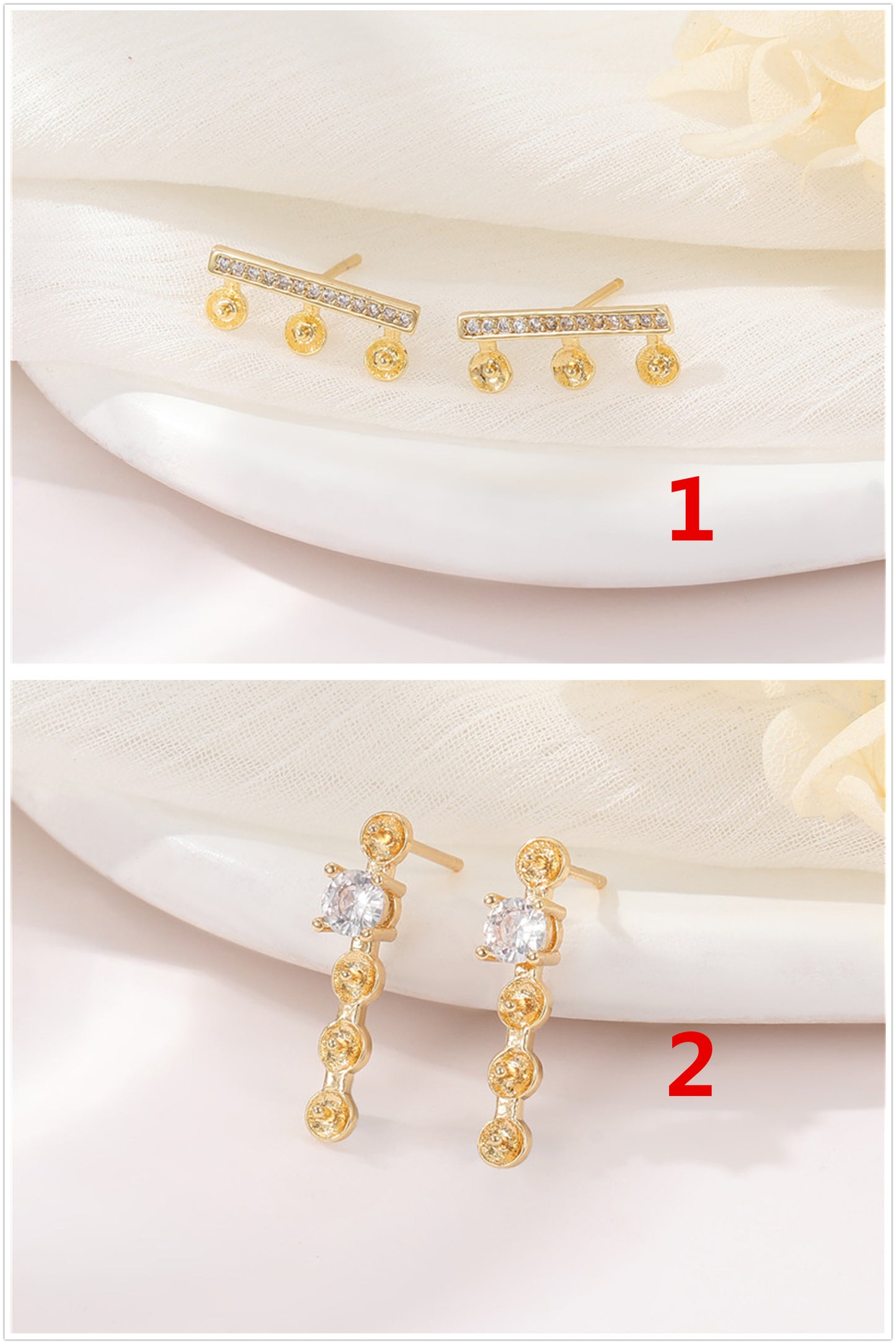 4 Multi Stick Stud Earrings Rhinestone Embellished 14K GF Half Drilled Pearl Bead Blank