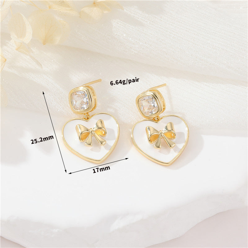 Boucles d'oreilles à tige avec 4 nœuds papillon, breloque en forme de cœur, demi-cercle, ornées de strass, 14 carats, GF