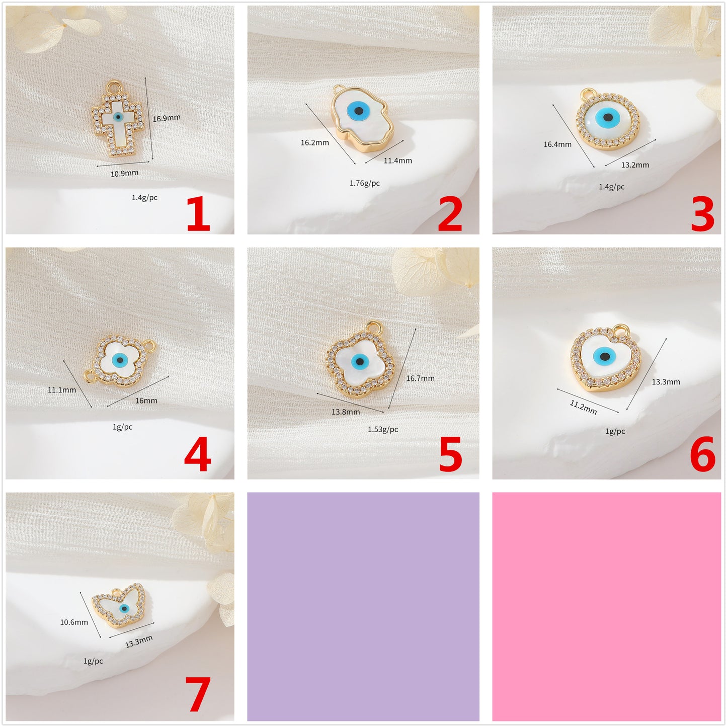 2 Kreuz Hand Rundes Auge Blumen Herz Schmetterling Charm Anhänger Harz Strass verziert 14K GF