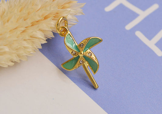 Sterling Silver Rhinestone Embellished Enamel Epoxy Windmill Charm Pendant S925 Finding