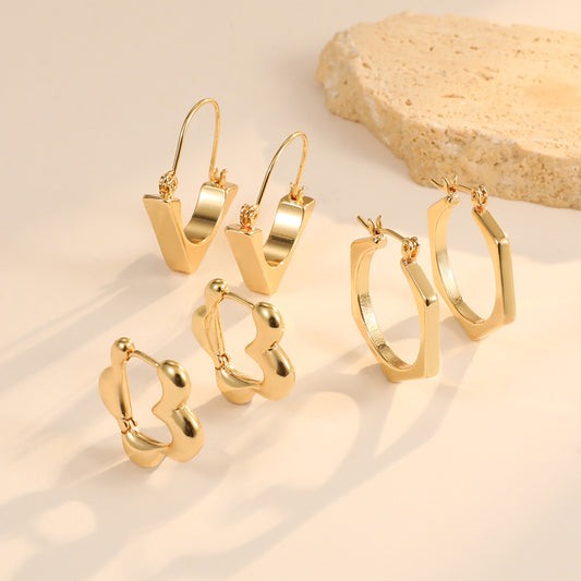 4 boucles d'oreilles créoles triangulaires florales hexagonales épaisses 14K GF Earing