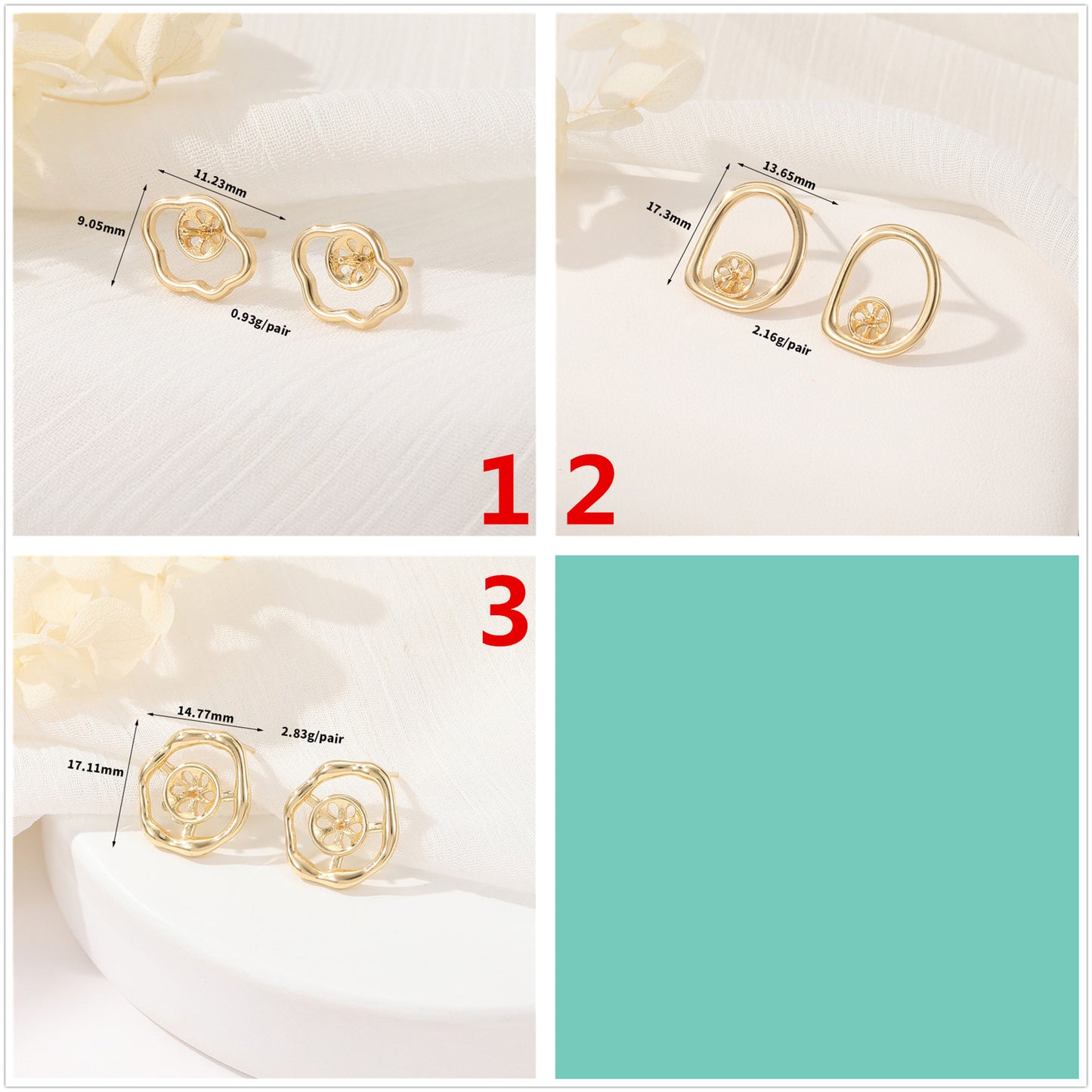 4 Cloud Circle Stud Earrings 14K GF Half Drilled Pearl Bead Blank