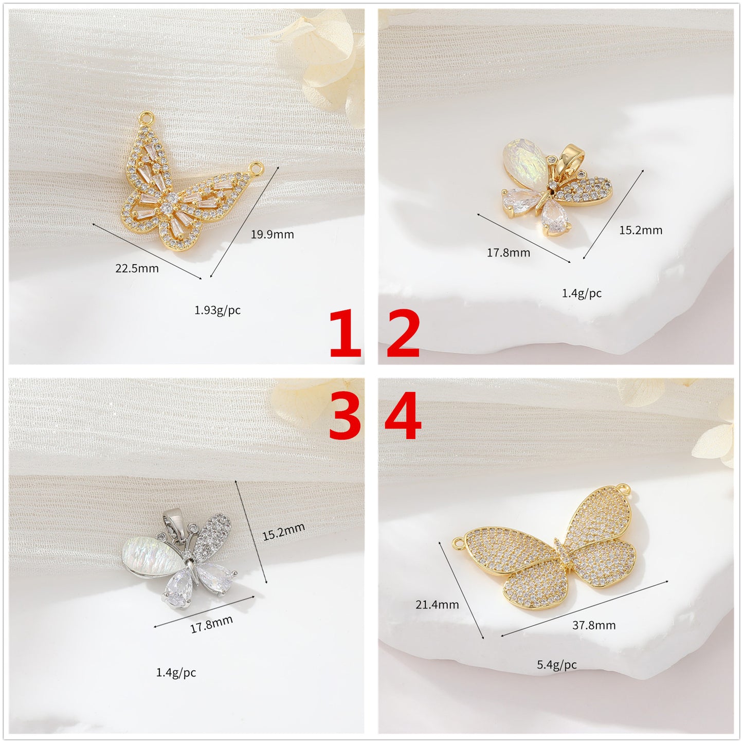 2 pendentifs à breloque papillon ornés de strass 14K GF