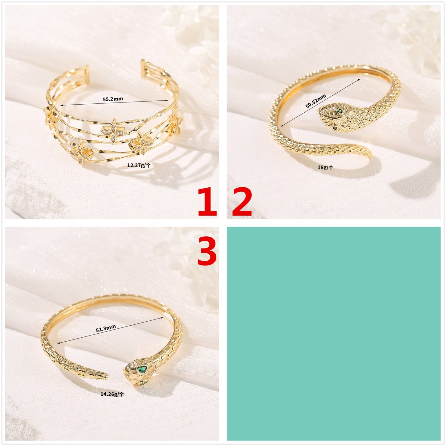 2 offener, kreisförmiger, floraler Schlangen-Armreif mit Strassverzierung aus 14-karätigem GF-Armband