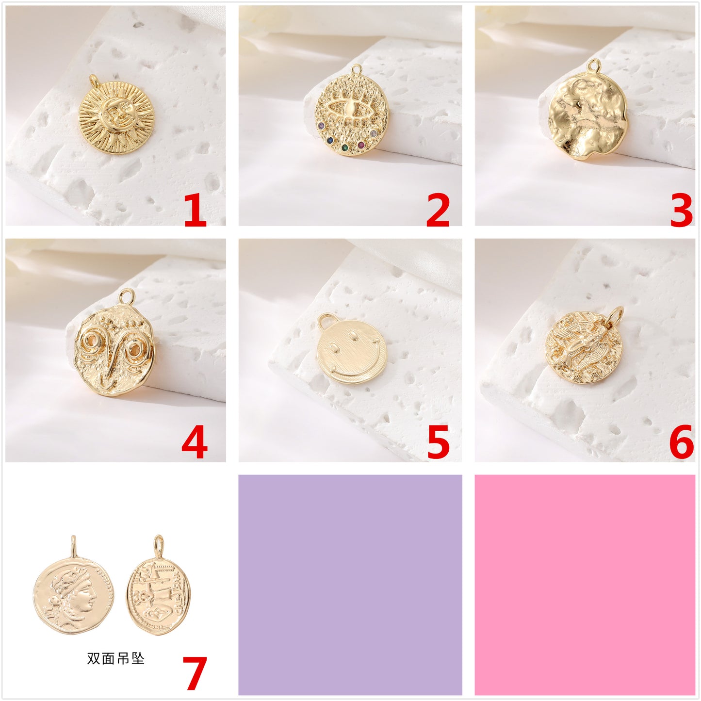 2 Apollo Eye Smile Face Angel Caesar Coin Charm Pendentif Strass Embelli 14K GF