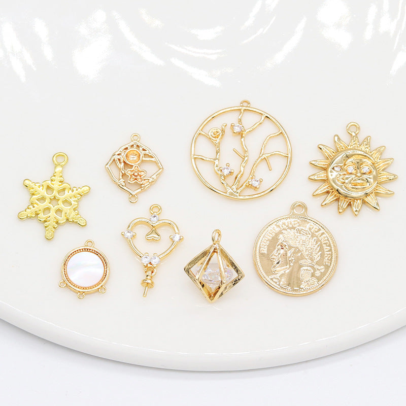 2 Round Diamond Snowflake Floral Charm Pendant Rhinestone Embellished 14K GF