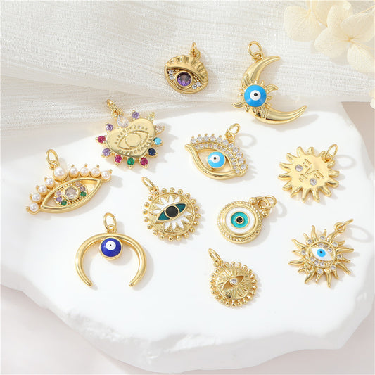 2 Evil Eye Moon Sun Charm Pendentif Émail Epoxy 14K GF Strass Embelli