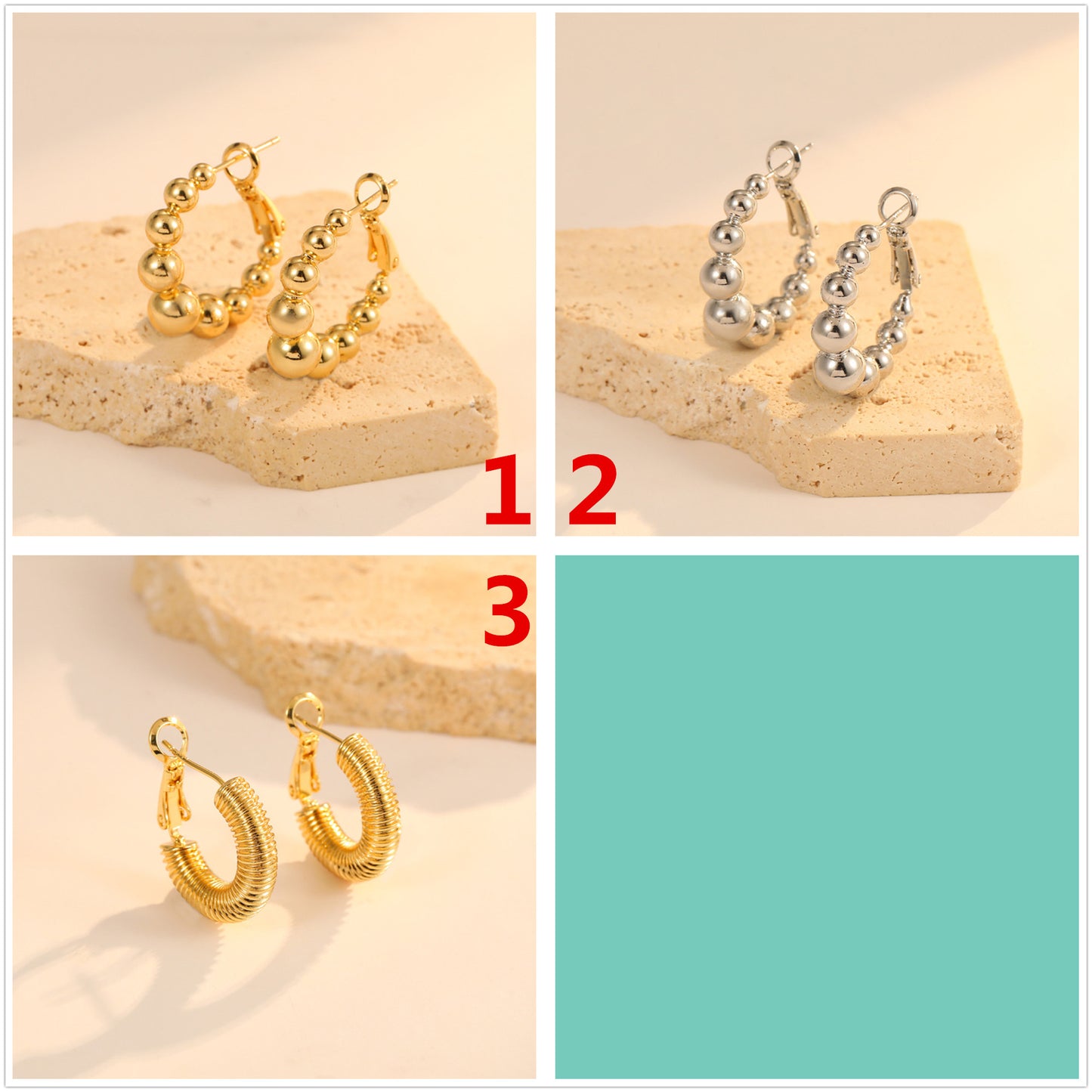 4 Chunky Beaded Twined Round Circle Hoop Earring 14K GF Earing