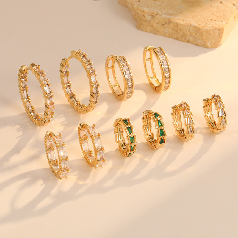 4 boucles d'oreilles rondes trapézoïdales rectangulaires ornées de strass 14K GF