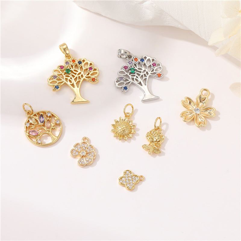 2 Blumen-Charm-Anhänger mit orangefarbener Baumrose, Strassverzierung, 14-karätiges GF