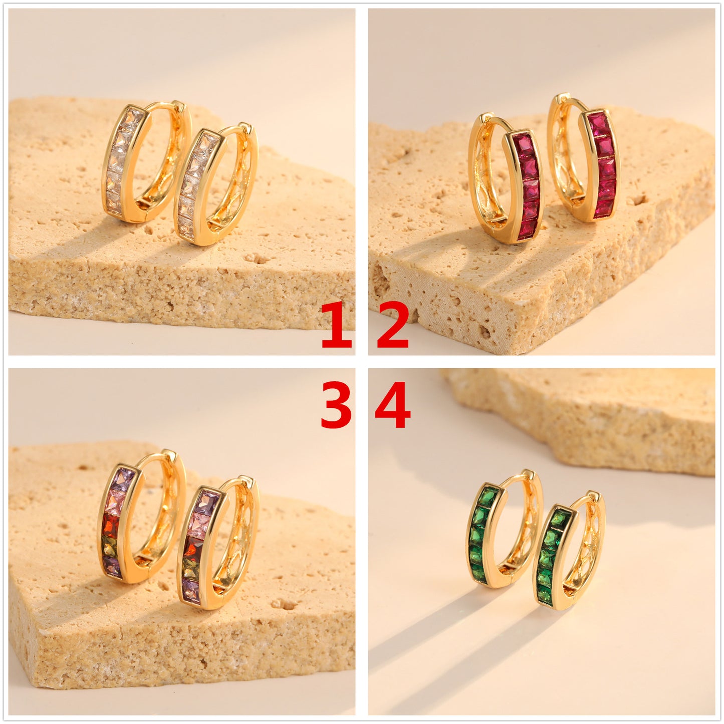 4 Round Hoop Earrings Rhinestone Embellished 14K GF Earing