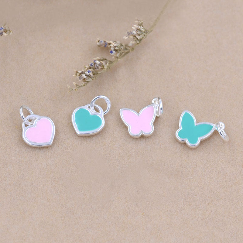 Pendentif à breloque papillon en forme de cœur en émail époxy en argent sterling S925
