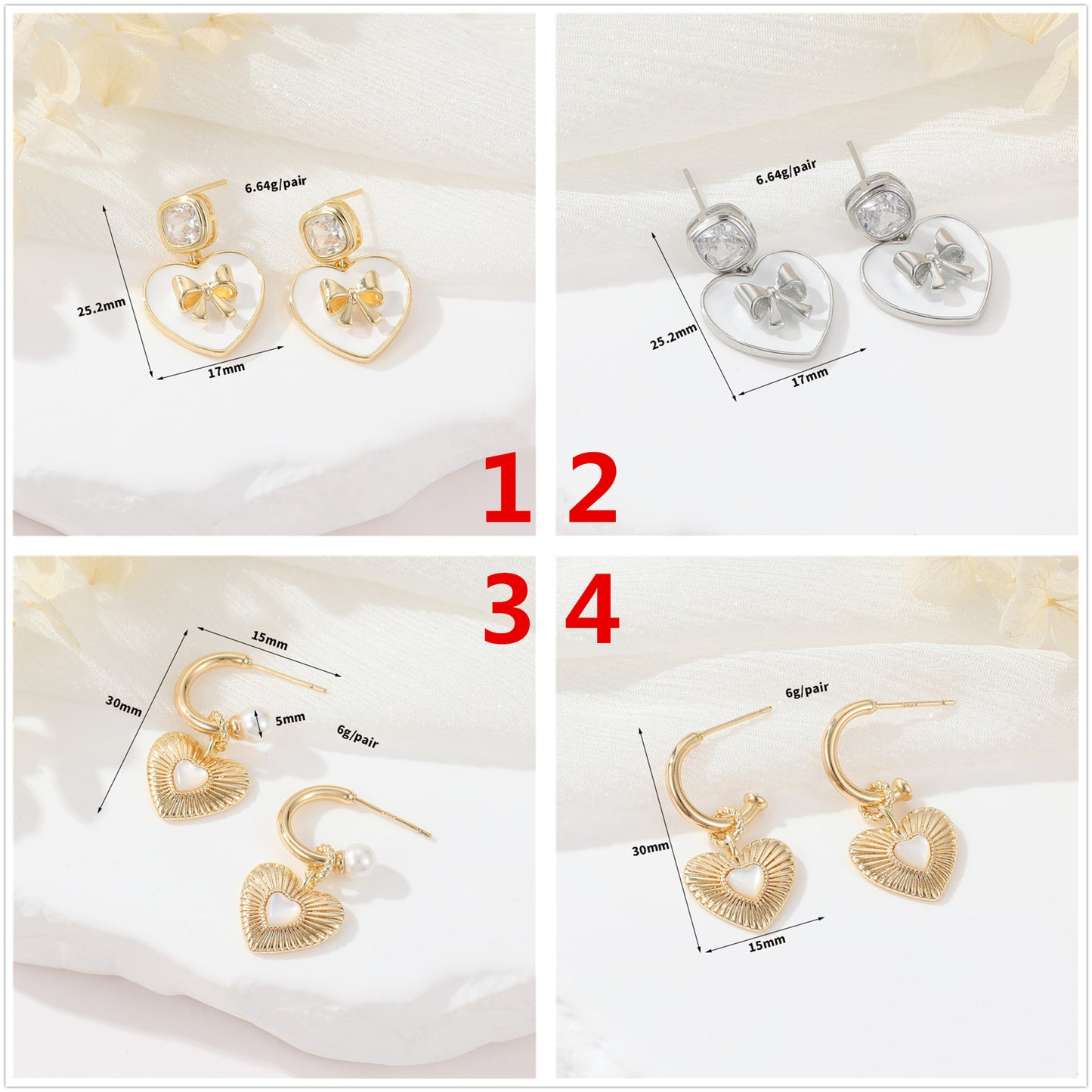 Boucles d'oreilles à 4 clous en forme de cœur, ornées de coquillages en strass, 14 carats GF