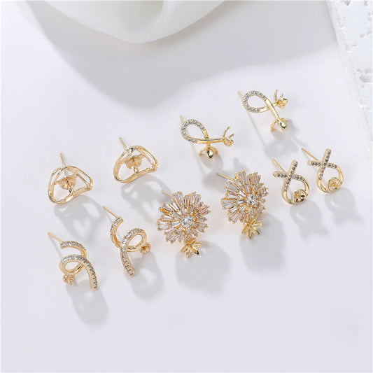 4 boucles d'oreilles à tige en forme de vigne florale ornées de strass 14 carats GF à moitié percées en perles vierges