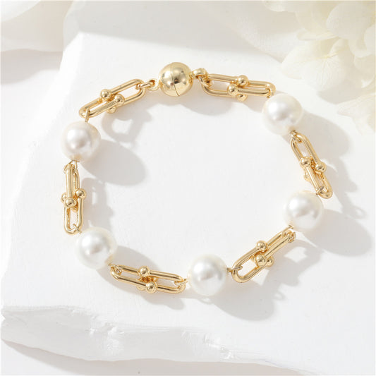 Bracelet à breloques en perles avec 2 gros maillons ovales, chaîne câblée, bracelet 14K GF