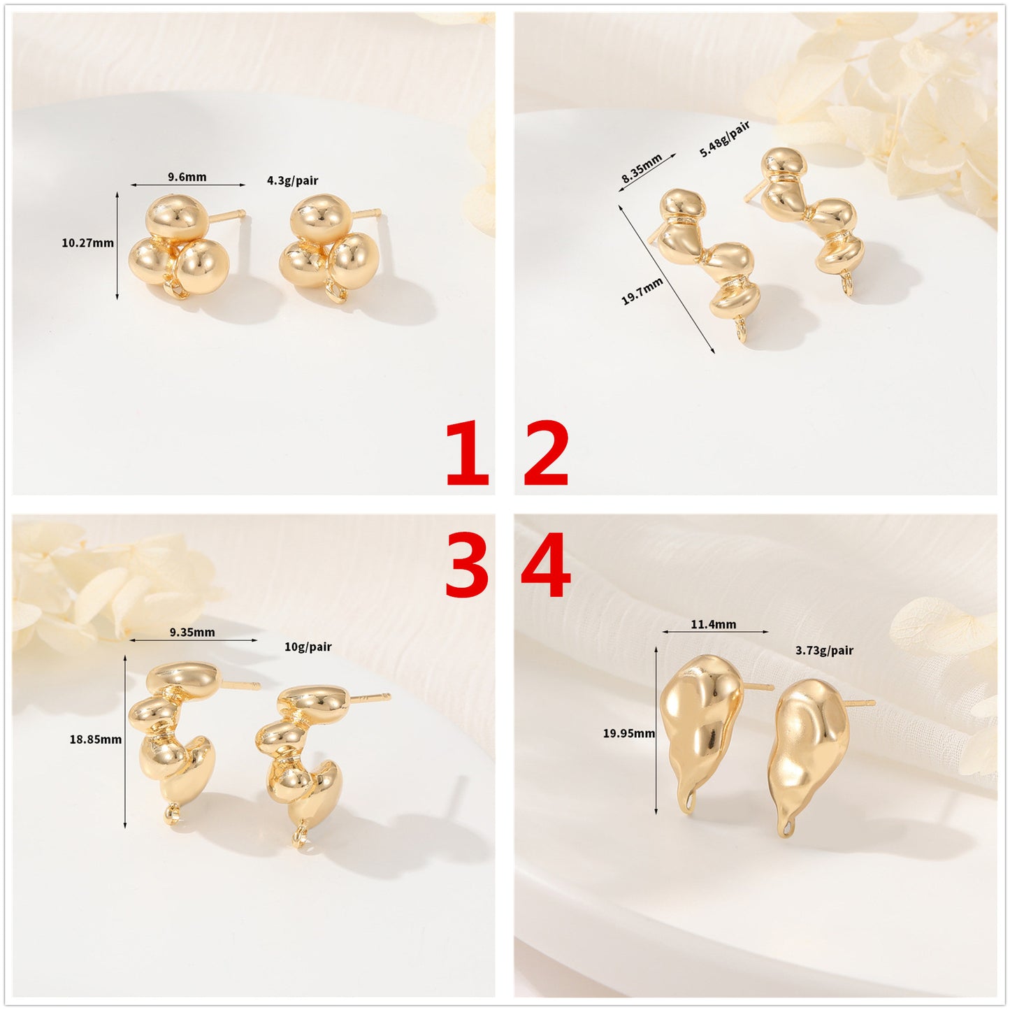 4 boucles d'oreilles à tige en perles avec boucle d'oreille 14K GF