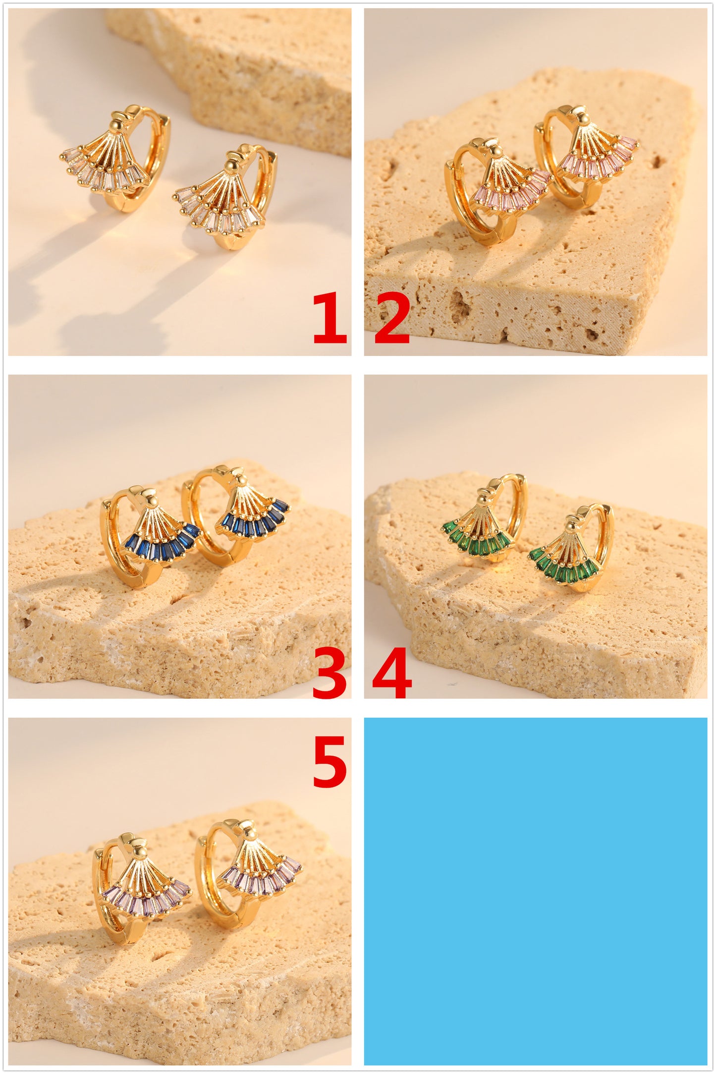4 boucles d'oreilles créoles en éventail trapèze ornées de strass 14K GF