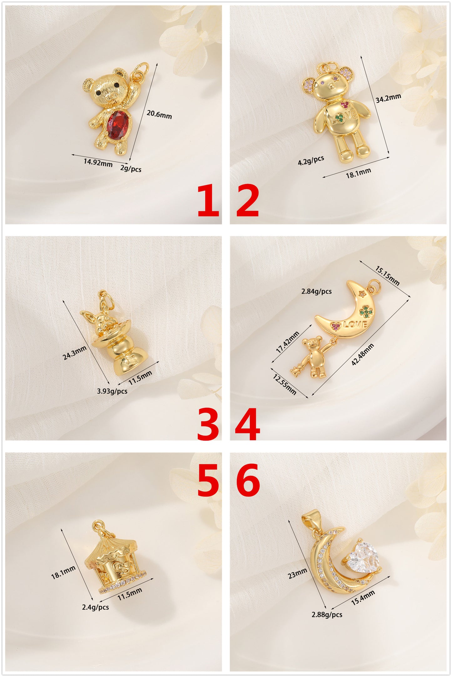2 Petit Ours Lapin Lune Charme Pendentif Strass Embelli 14K GF