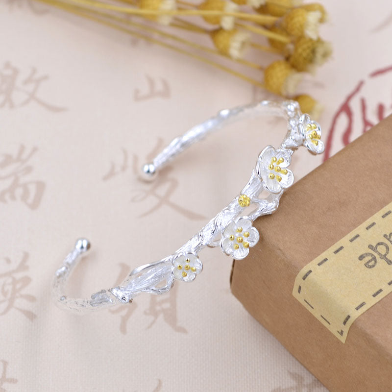 Bracelet floral prune en argent sterling à cercle ouvert S925