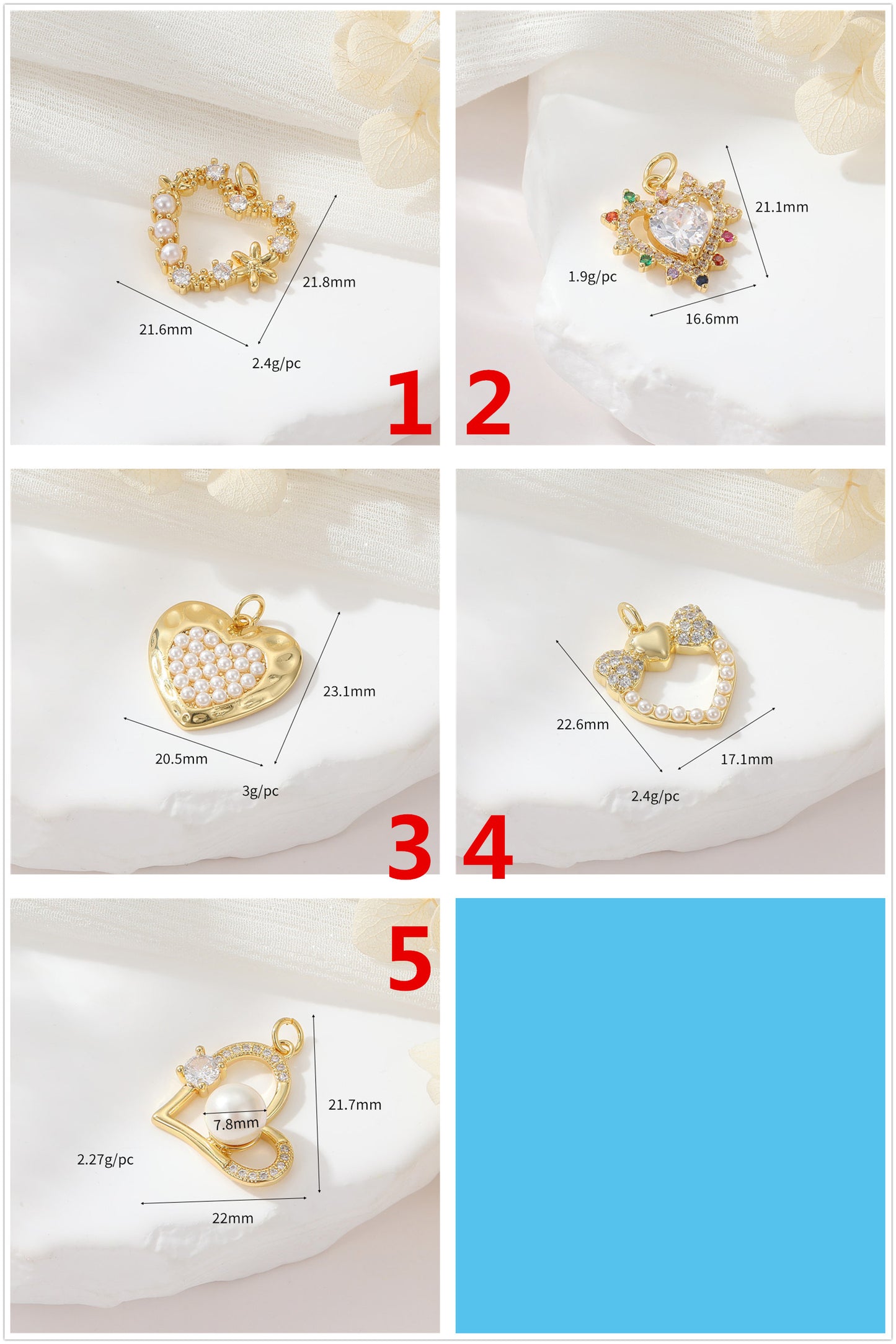 Pendentif à breloque 2 cœurs avec perles en strass ornées de perles 14K GF