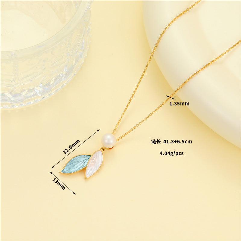 2 Emaille-Epoxidharz-Blatt-Charm-Kabelketten-Halskette mit Perlenverzierung, 14-Karat-GF-Halsband mit Verlängerung