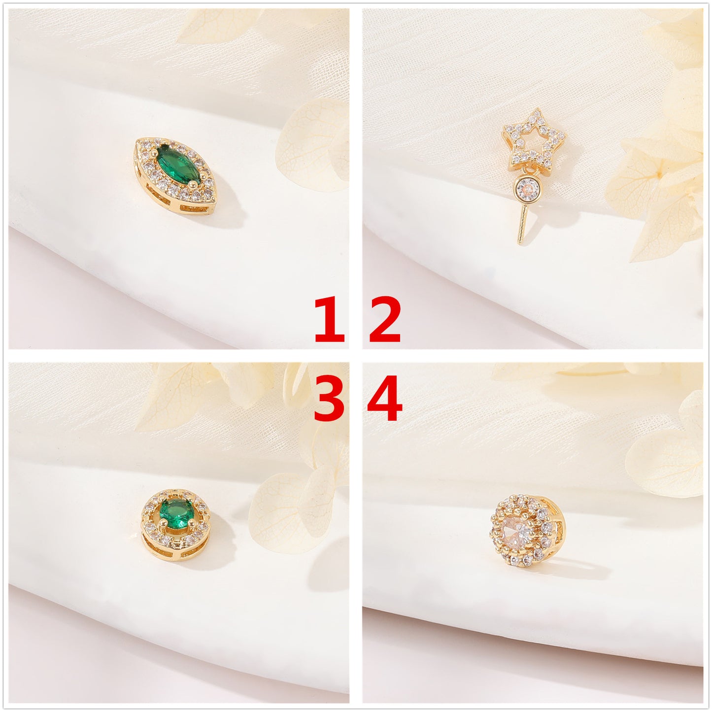 2 Flat Olive Star Round Bead Charm Rhinestone Embellished 14K GF Beadwork Spacer