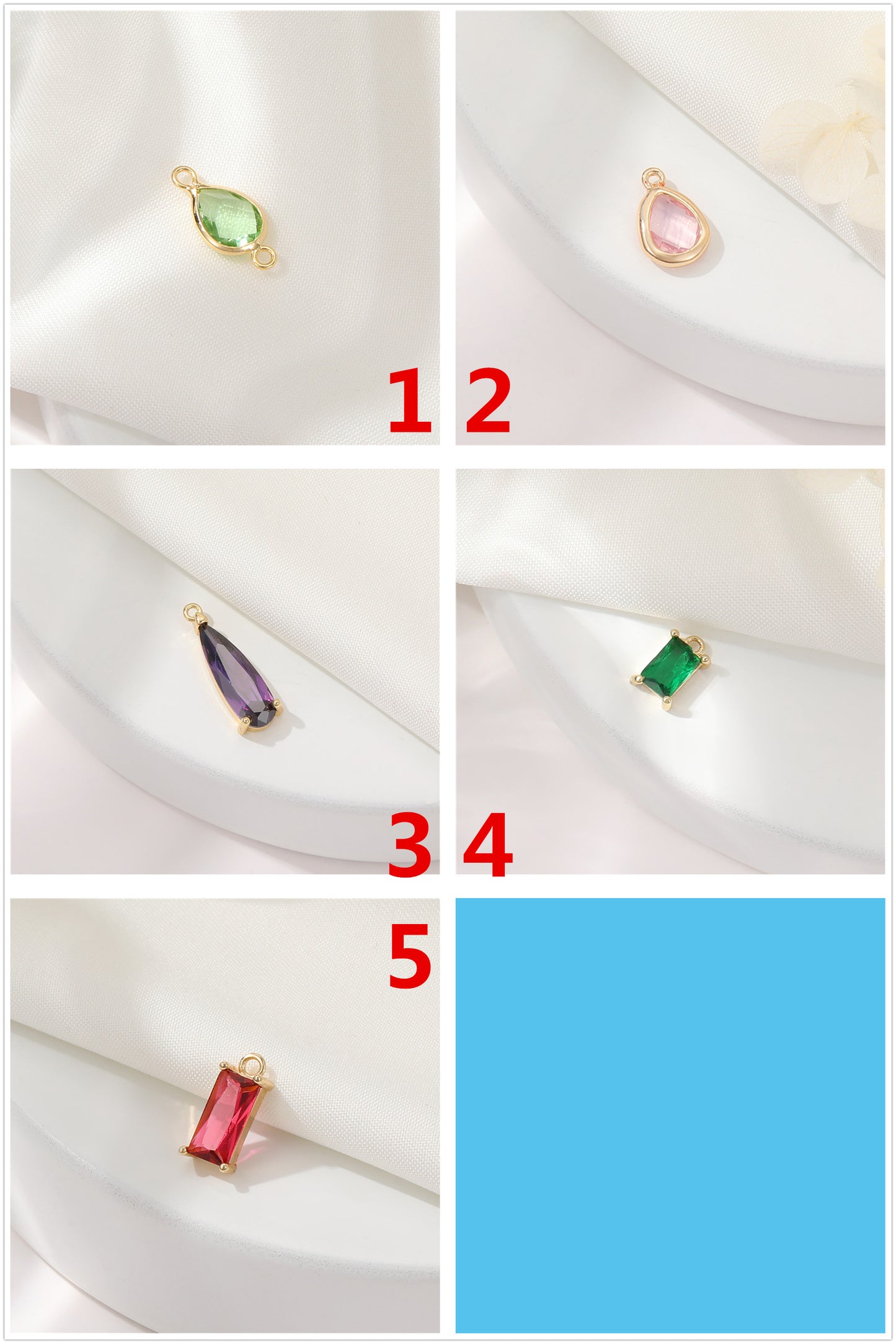 2 Waterdrp Rectangle Charm Pendant Rhinestone Embellished 14K GF