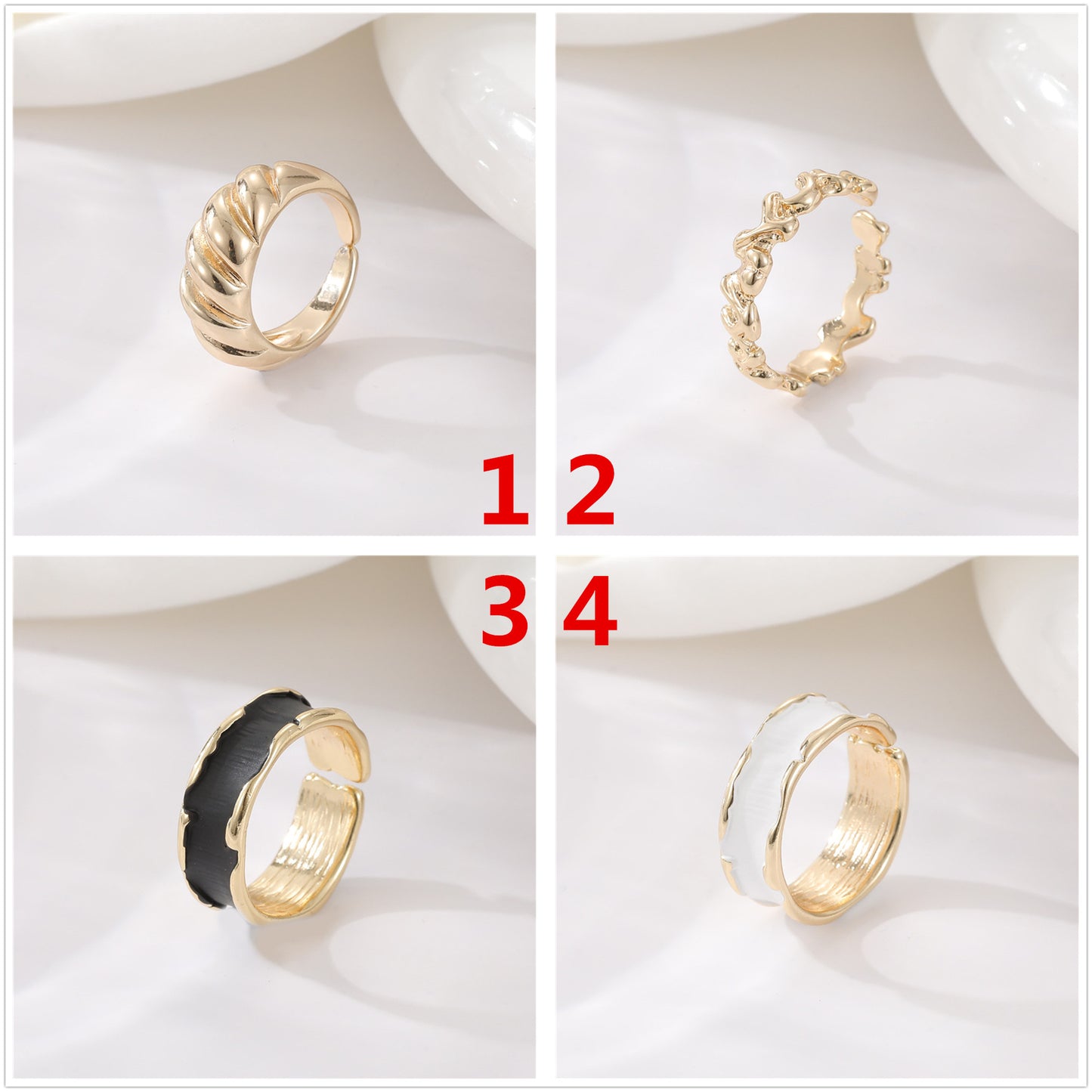 2 anneaux de déclaration noir blanc cercle ouvert émail époxy 14K GF