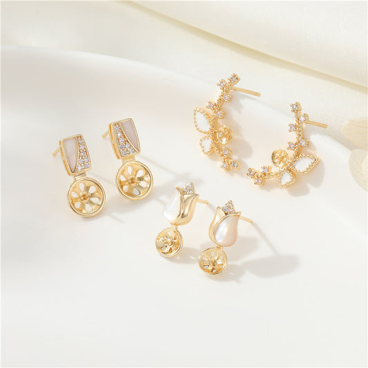 4 boucles d'oreilles florales de vigne ornées de strass 14K GF, boucles d'oreilles à moitié percées, perle vierge
