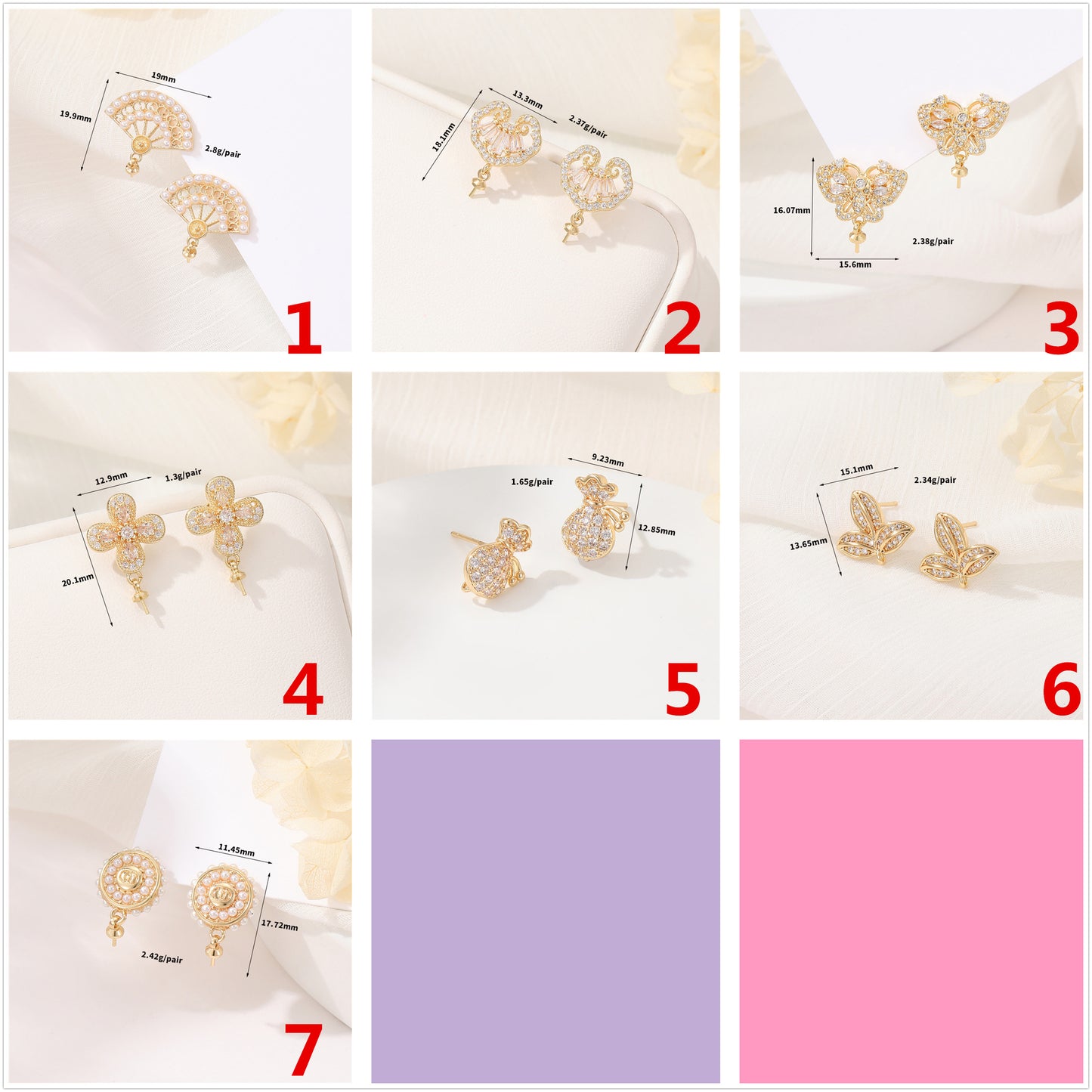 4 éventails papillon Floral Moneybag feuille boucles d'oreilles strass perle embellie 14K GF boucle d'oreille demi-percée perle perle vierge