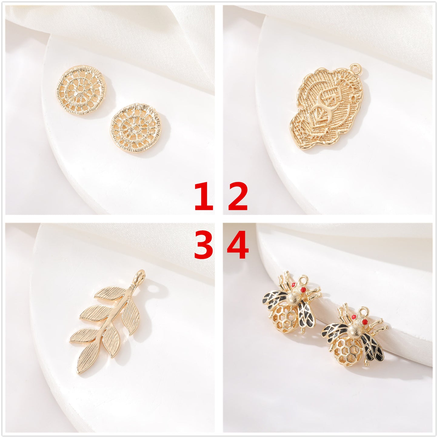 2 pendentifs à breloques en forme d'abeille et de feuilles rondes creuses 14K GF